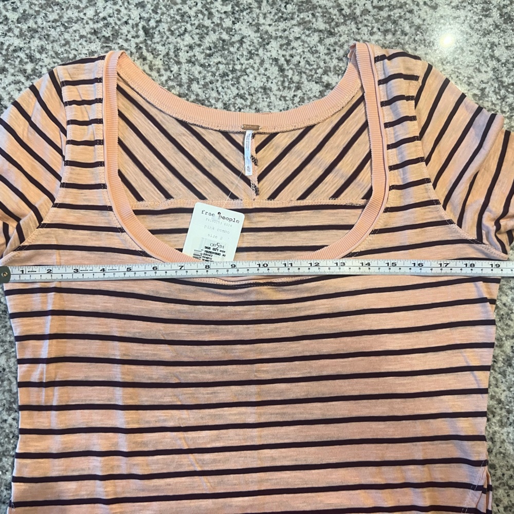 Free People 100% Cotton Pink/Purple Striped Scoop Neck Top with Lace Cuffs - Picture 3 of 10